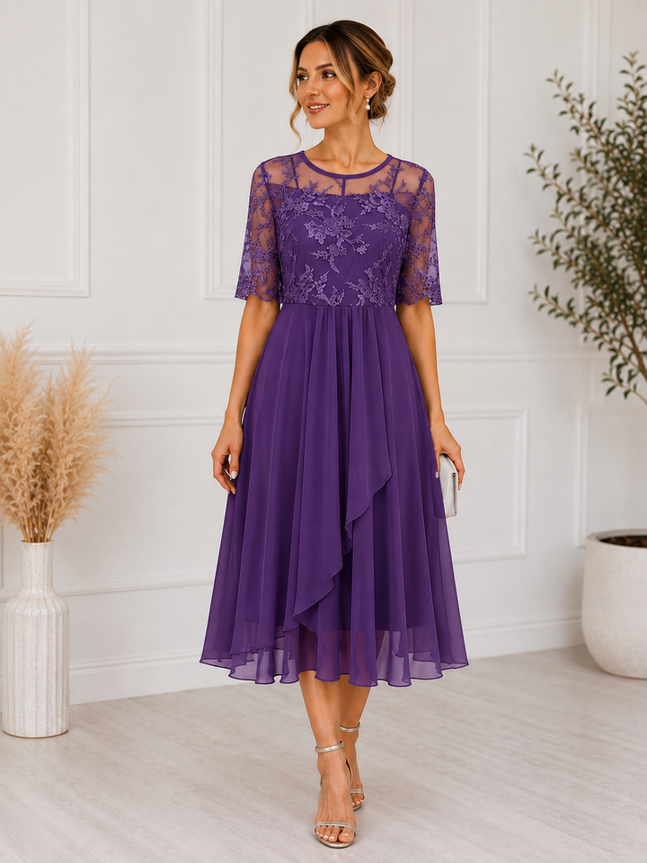 Women's Chiffon A-Line Lace Midi Cocktail Dress
