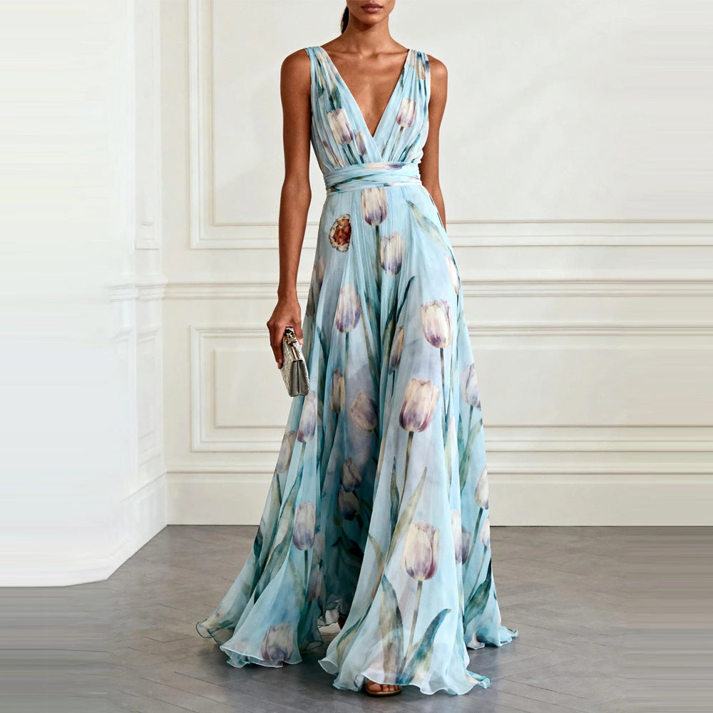 Women's Tulip Print Wrap V-Neck Sleeveless Maxi Dress