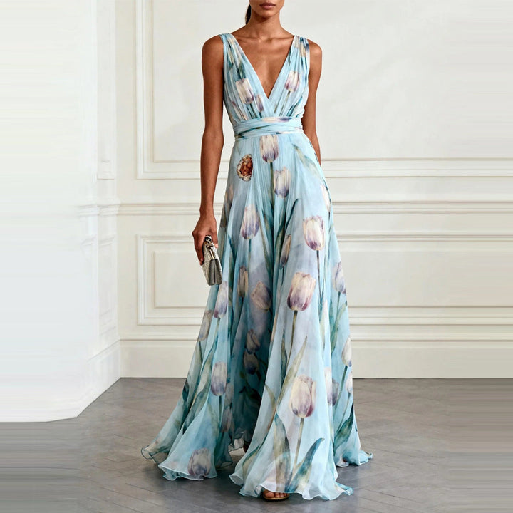 Women's Tulip Print Wrap V-Neck Sleeveless Maxi Dress