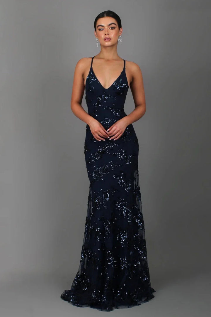 Women's Sequin Embroidered Maxi Evening Gown with Open Back and Spaghetti Straps
