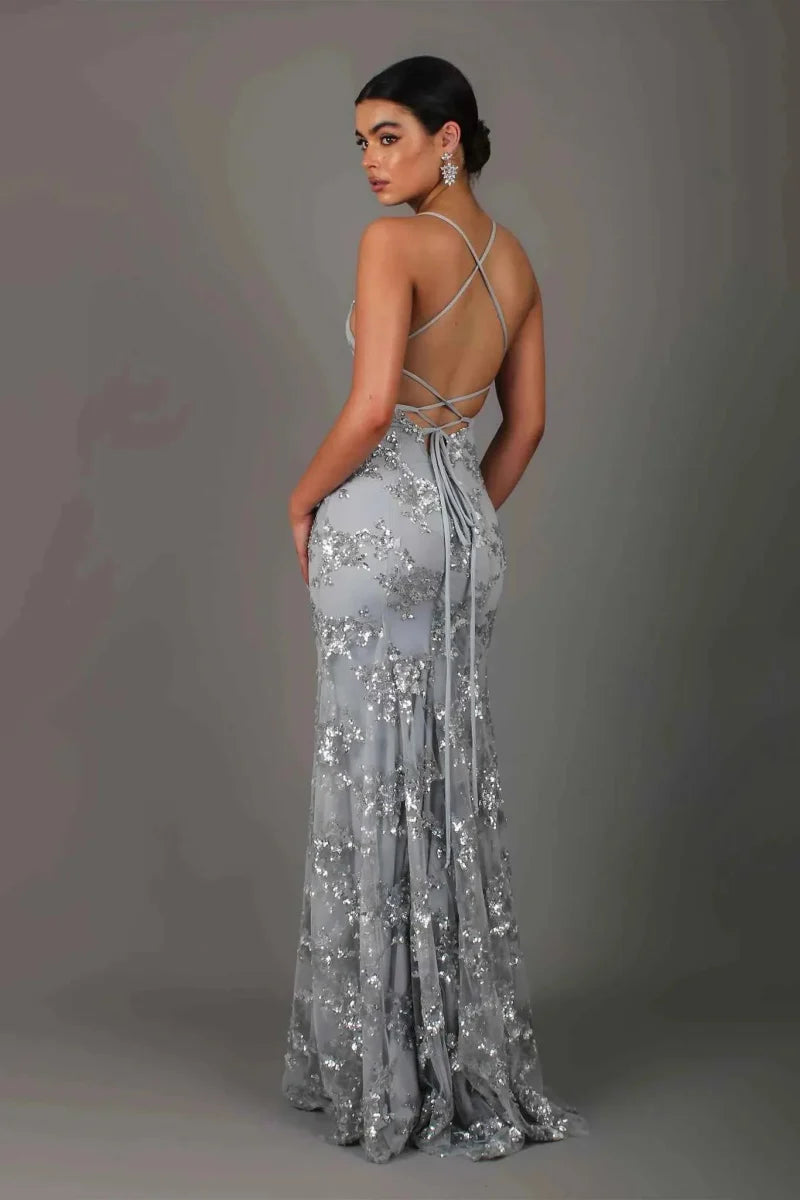 Women's Sequin Embroidered Maxi Evening Gown with Open Back and Spaghetti Straps