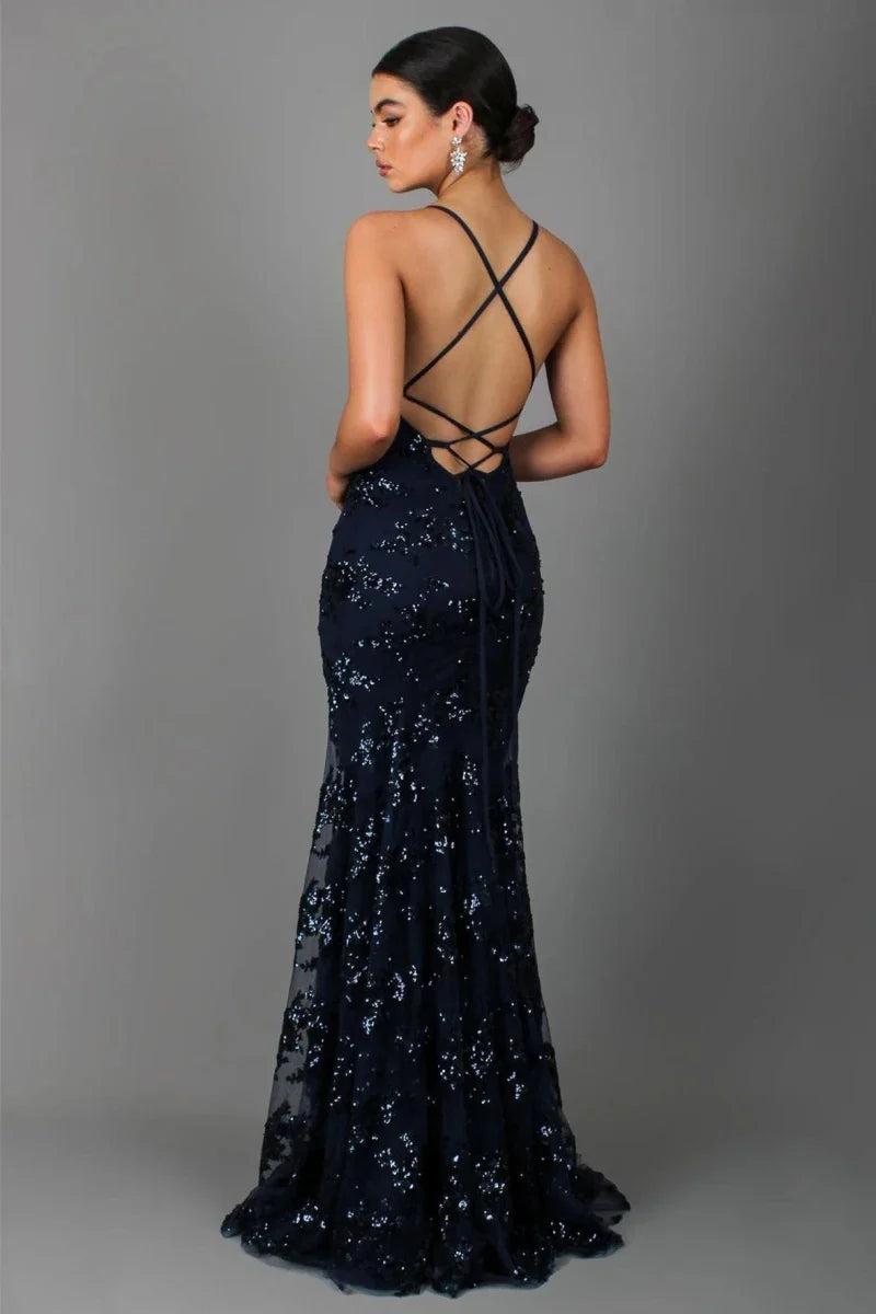 Women's Sequin Embroidered Maxi Evening Gown with Open Back and Spaghetti Straps