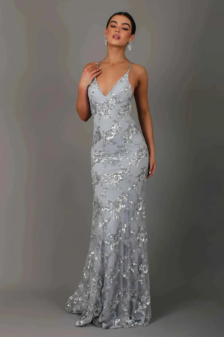 Women's Sequin Embroidered Maxi Evening Gown with Open Back and Spaghetti Straps